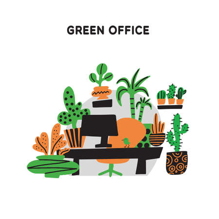 Green office.. Hand drawn illustration of office, decorated with plants. Doodle style. Vector. Plantscaping service conceptのイラスト素材