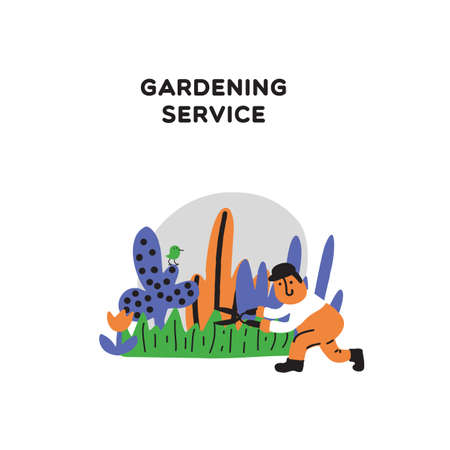 Gardening service. Funny hand drawn illustration of gardener cutting the grass. Doodle style. Made in vectorのイラスト素材