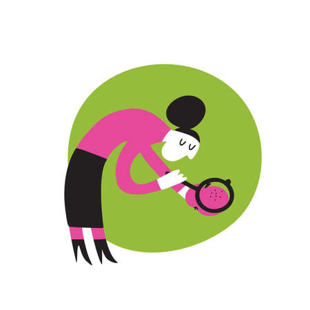 Vector cartoon illustration of woman with loupe reserching apple attentively. Healthy eating obsession conceptのイラスト素材