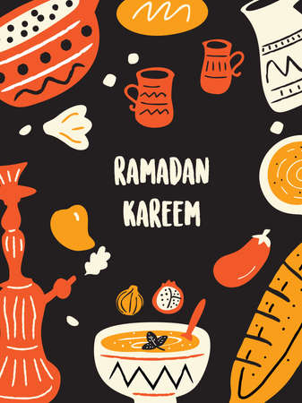 Ramadan kareem banner concept. Vector illustration of middle eastern cuisine. Black backgroundのイラスト素材