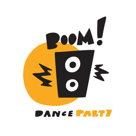 Funny hand drawn illustration of music speaker device, made in vector. Phrase Boom. Dance party conceptのイラスト素材