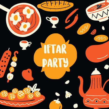 Hand drawn illustration of traditional middle eastern food for iftar party. Flyer template, black backgroundのイラスト素材
