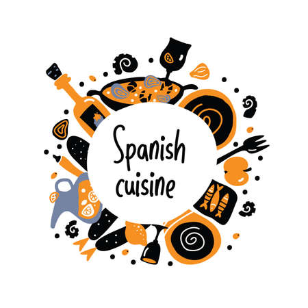 Spanish cuisine. Hand drawn vector circle food composition.のイラスト素材