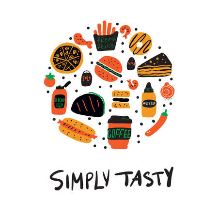 Hand drawn vector illustration of fast food. Circle composition. Simply tasty sloganのイラスト素材