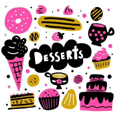 Desserts. Vector cartoon illustration of different cakes, coffee and sweets.のイラスト素材
