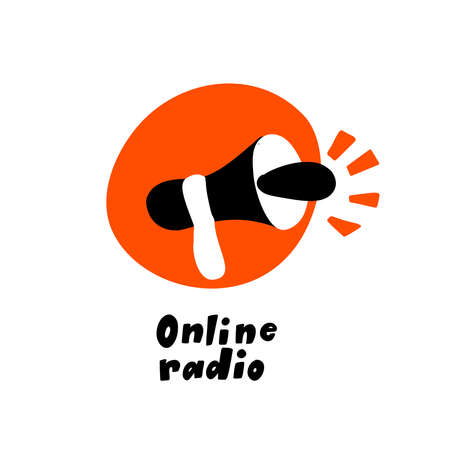 Vector flat hand drawn illustration of speakerphone. Online radio, podcast show, broadcast concept.のイラスト素材