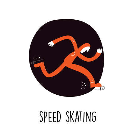 Speed skating. Funny  flat illustration of running skater. Isolated on white background.のイラスト素材