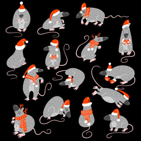 Funny set of rats in different poses with Christmas hats. 2020 year symbol.のイラスト素材
