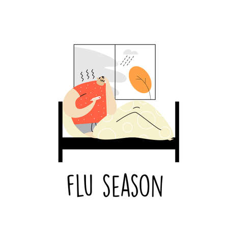 Man lying in bed with fever. Vector cartoon illustration. Flu season.のイラスト素材