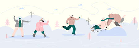 People and winter activities. Vector illustration of people, playing snow balls, ice skating, couple, riding from the hill on a sled. Vertical bannerのイラスト素材