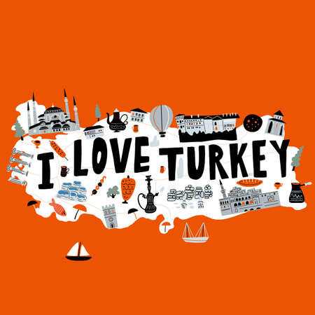 Stylized illustrated map of Turkey. Vector design in handdrawn style. I love Turkey.のイラスト素材