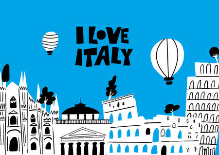 Vector illustration of famous italian architecture and attractions I love Italy. Horizontal greeting card.のイラスト素材