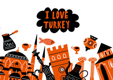 Vector illustration of Turkish famous attractions, architecture and symbols. Horizontal postcard. I love Turkey inscriptionのイラスト素材