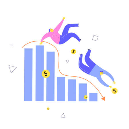 Vector illustration of two men falling from stylized diagram. Investment failure, business collapse, financial crisis conceptのイラスト素材