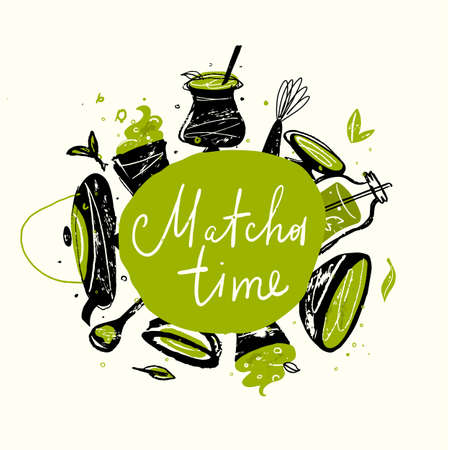 Matcha time. Vector doodle illustration of matcha tea products. Japanese tea ceremony.のイラスト素材