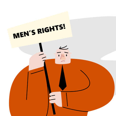 Funny flat vector illustration of man with banner and text Mens rights. Protest movementsのイラスト素材