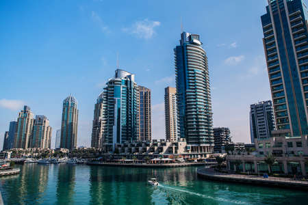 luxury building skyscraper and yachts sea portのeditorial素材