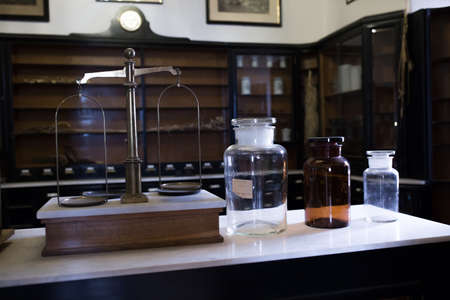 Empty chemical bottles in old vintage pharmacyの写真素材