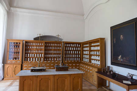 Empty chemical bottles in old vintage pharmacyのeditorial素材