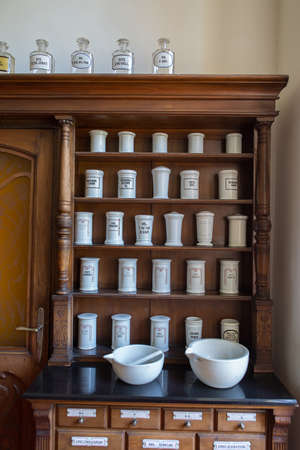 Empty chemical bottles in old vintage pharmacyの写真素材