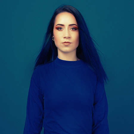 beauty portrait cute young girl with blue hairの写真素材