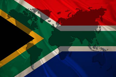 silhouette of a world map on the silk national flag of the modern state of South Africa with beautiful folds, concept of tourism, travel, emigration, global businessの写真素材