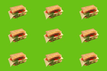 bright pop art, sandwich seamless pattern with cheese, lettuce, tomatoes, cucumbers, sausage, dill and green onions, the concept of a healthy diet, diet, snack at work, at school, student fast foodの写真素材