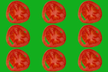 modern bright pop art, texture, seamless pattern of slices of red tomato, concept of healthy eating, diet, snacking at work, at school, student fast foodの写真素材