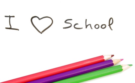 Post back to school with three colored pencilsの写真素材