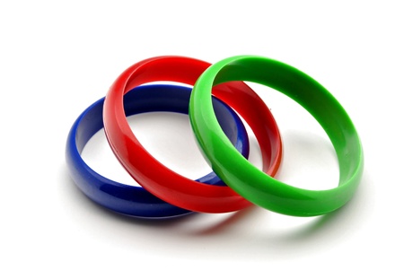 Three bracelets colors surrounded by white backgroundの写真素材