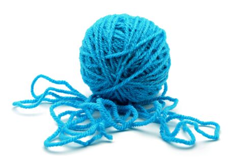 Blue wool ball surrounded by white backgroundの写真素材