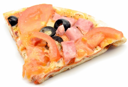 Pizza with tomato, ham, olives and cheese surrounded by white backgroundの写真素材