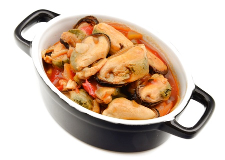 Mussel stew with tomato sauce, onion and pepperの写真素材