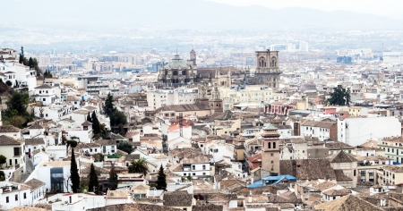 Aerial view of the Spanish city of Granada with its Gothic cathedralの写真素材