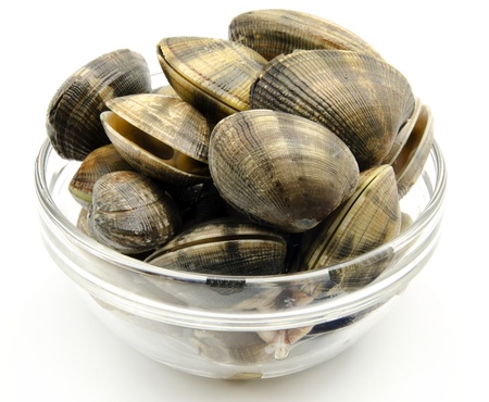 Clams stacked next to each other in a glass jarの写真素材