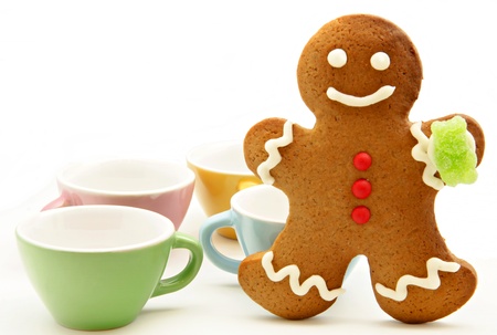 Gingerbread shaped traditional Christmas snowman on white background