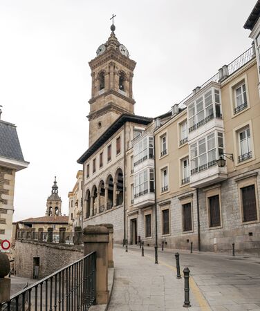 View from the top of Vitoria with the Cathedral of Santa Maria de Vitoria in the background, it a cloudy day in the Spanish city of Vitoriaのeditorial素材