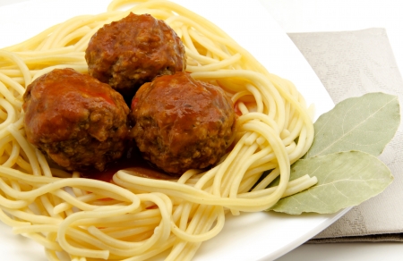 Spaghetti with meatballs stew meat and tomato sauceの写真素材