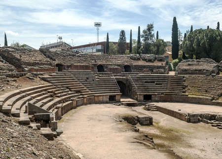 Roman forum of Emerita Augusta are the bleachers and some trees in the background, the remains of the ancient Roman civilization was in Spain in Meridaの写真素材