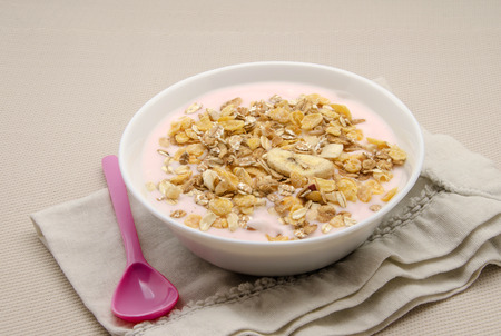 Cream dessert yogurt with muesli and fruitの写真素材