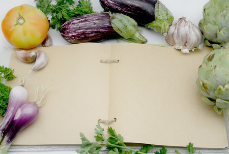 Recipe book open kitchen in a blank page surrounded by vegetablesの写真素材