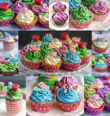 Close-up of delicious decorated cupcakesの写真素材