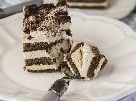 Tiramisu cake served on a plateの写真素材