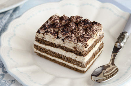 Tiramisu cake served on a plateの写真素材