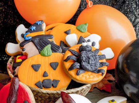 Halloween homemade gingerbread cookies in basketの写真素材