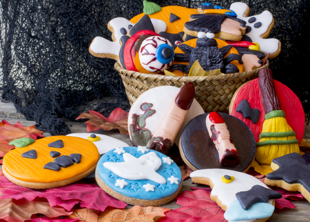 Close-up of homemade decorated cookies with halloween themeの写真素材