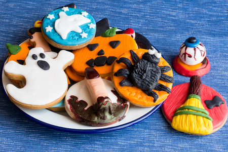 Close-up of delicious creative cookies on plate.Halloween theme.の写真素材