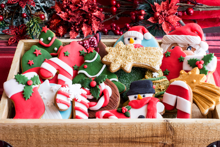 Delicious homemade Christmas cookies in basketの写真素材