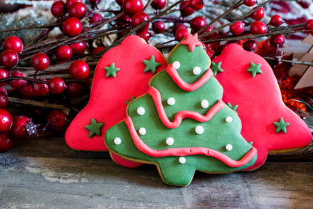 Close-up of christmas homemade cookies - christmas trees.の写真素材