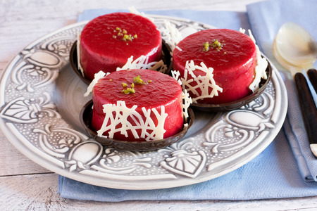 Close-up of jelly mini cakes on plateの写真素材